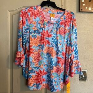Ruby Rd. Floral Print Blouse - Red, Blue, Orange